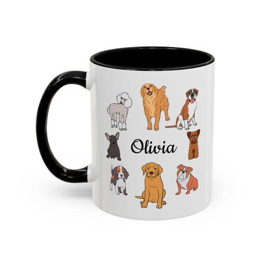 Personalized dog lover mug with custom name and cute dog breed graphics