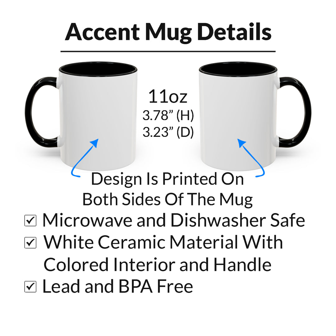 Two white mugs with black handles and interior, showing details like size and material safety.