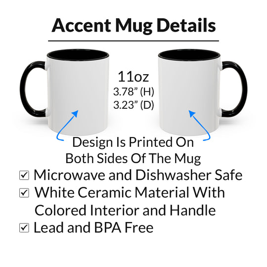 Two white mugs with black handles and interior, showing details like size and material safety.