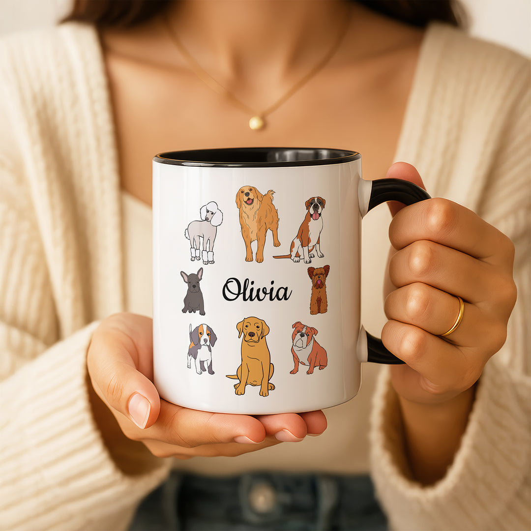 Person holding a mug with cute dog illustrations with a personalized name