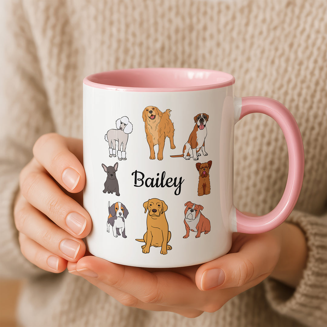 Person holding a cute pink accent mug features dog and a custom name box