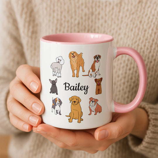 Person holding a cute pink accent mug features dog and a custom name box