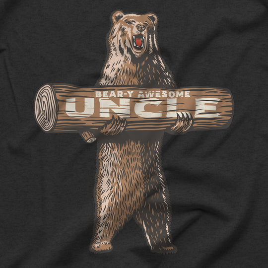 Close-up of Bear-y Awesome Uncle roaring bear holding a log shirt graphic