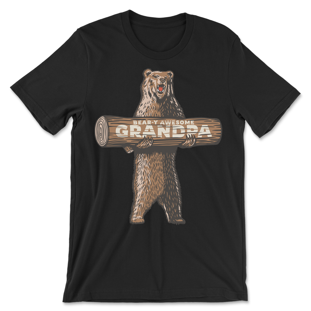 Black t-shirt with a bear graphic and 'Beary Awesome Grandpa' text on a white background