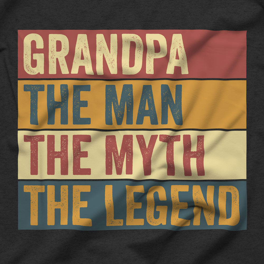 T-shirt with 'Grandpa The Man The Myth The Legend' text design in a vintage retro style