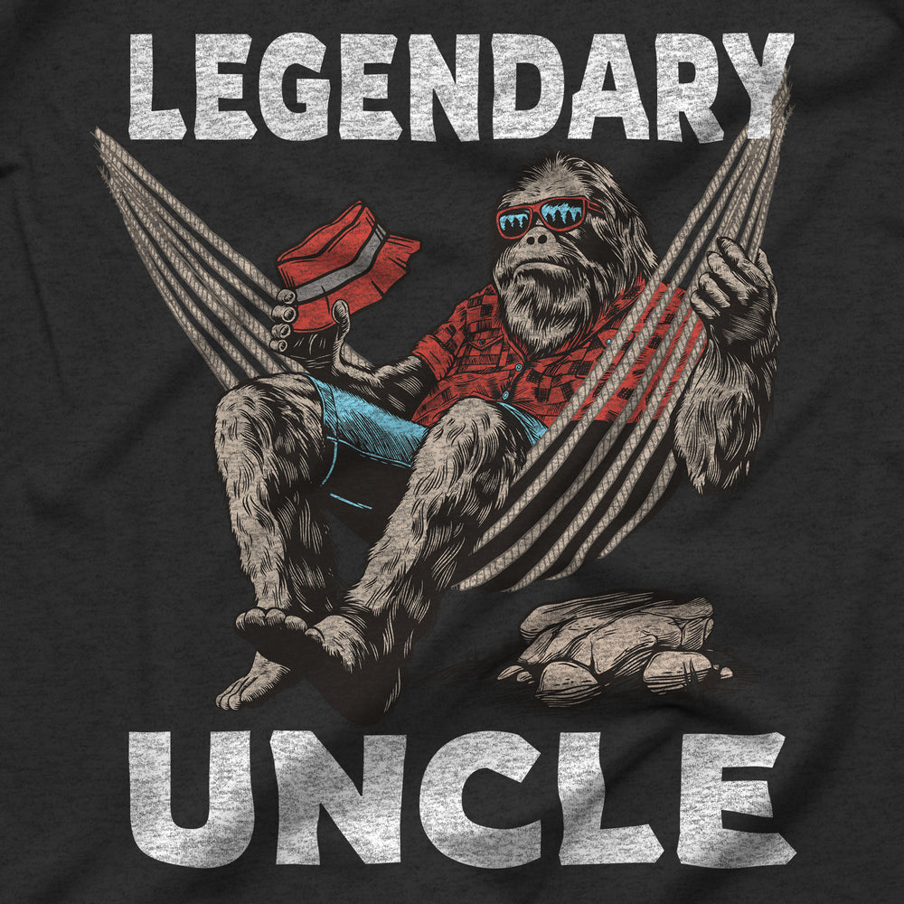 Close-up of Legendary Uncle vintage Bigfoot lounging in a hammock shirt graphic