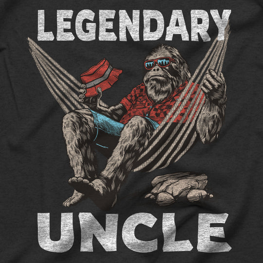 Close-up of Legendary Uncle vintage Bigfoot lounging in a hammock shirt graphic