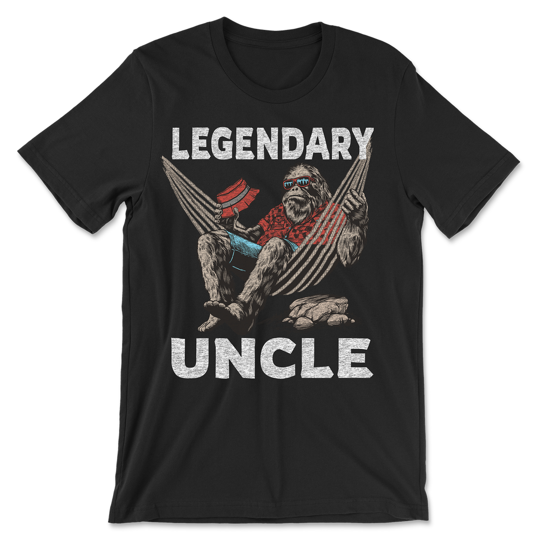 Legendary Uncle Shirt black t-shirt with vintage Bigfoot Sasquatch hammock graphic