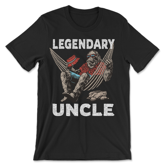 Legendary Uncle Shirt black t-shirt with vintage Bigfoot Sasquatch hammock graphic