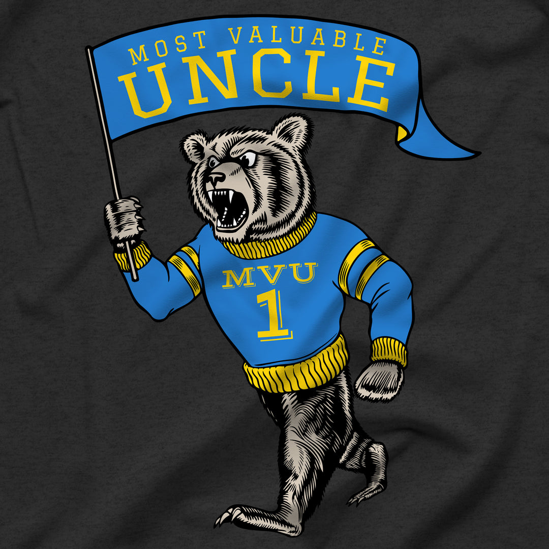 Close-up of Most Valuable Uncle sports mascot and flag shirt graphic