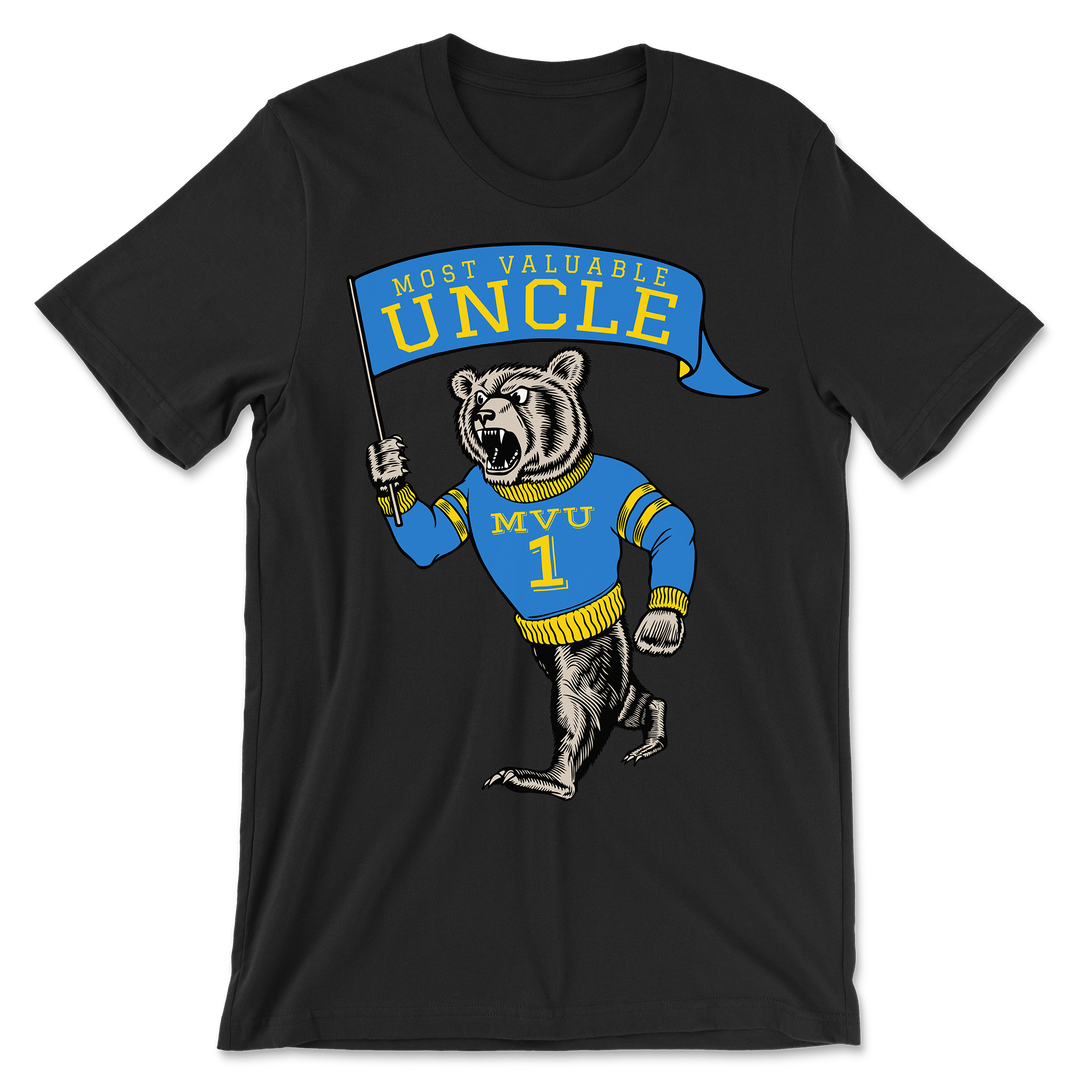 Most Valuable Uncle Shirt black t-shirt with sports mascot waving a flag graphic