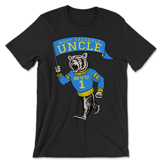 Most Valuable Uncle Shirt black t-shirt with sports mascot waving a flag graphic