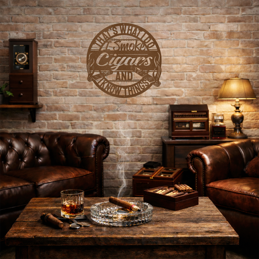 Cigar metal wall art sign shown in a basement man cave cigar lounge setting