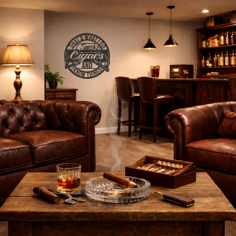 Funny cigar lounge metal sign mounted on wall in a cigar smoker themed man cave