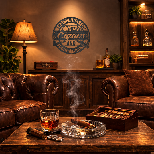 Cigar lover metal wall sign displayed in a cozy cigar lounge style man cave with leather seating