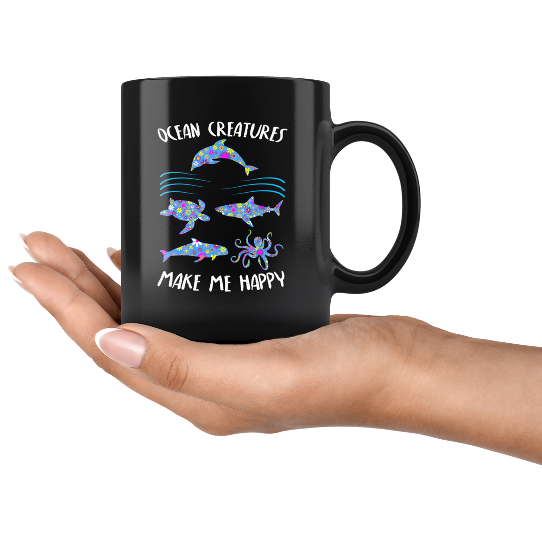 Ocean Creatures Happy Mug - Black 11 oz.