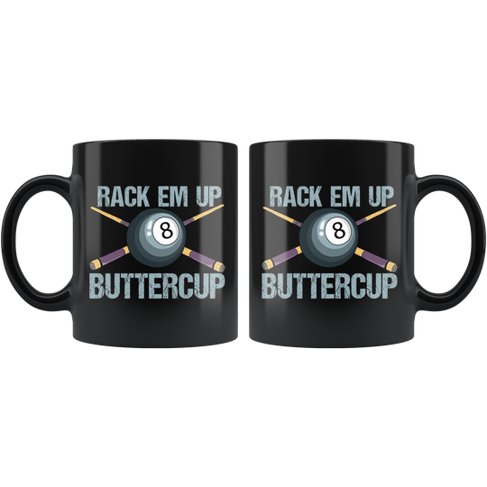 Rack Em Up Buttercup Billiards Mug - Black 11 oz.