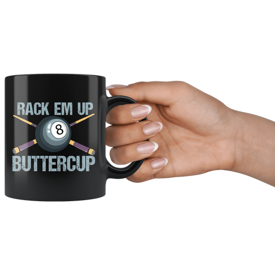 Rack Em Up Buttercup Billiards Mug - Black 11 oz.