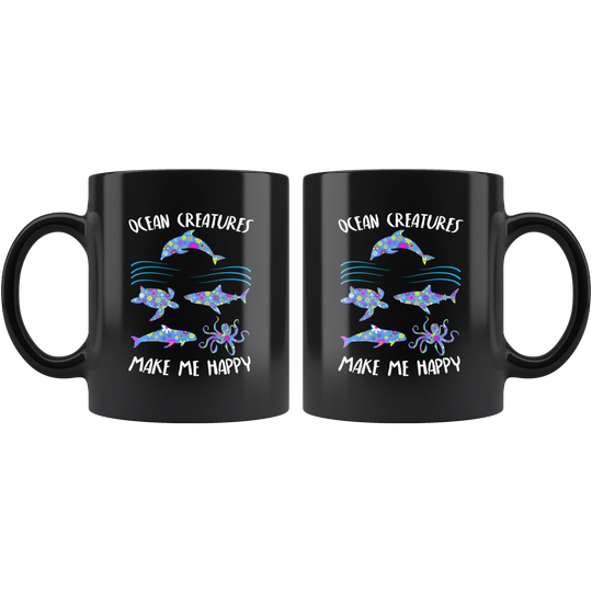Ocean Creatures Happy Mug - Black 11 oz.