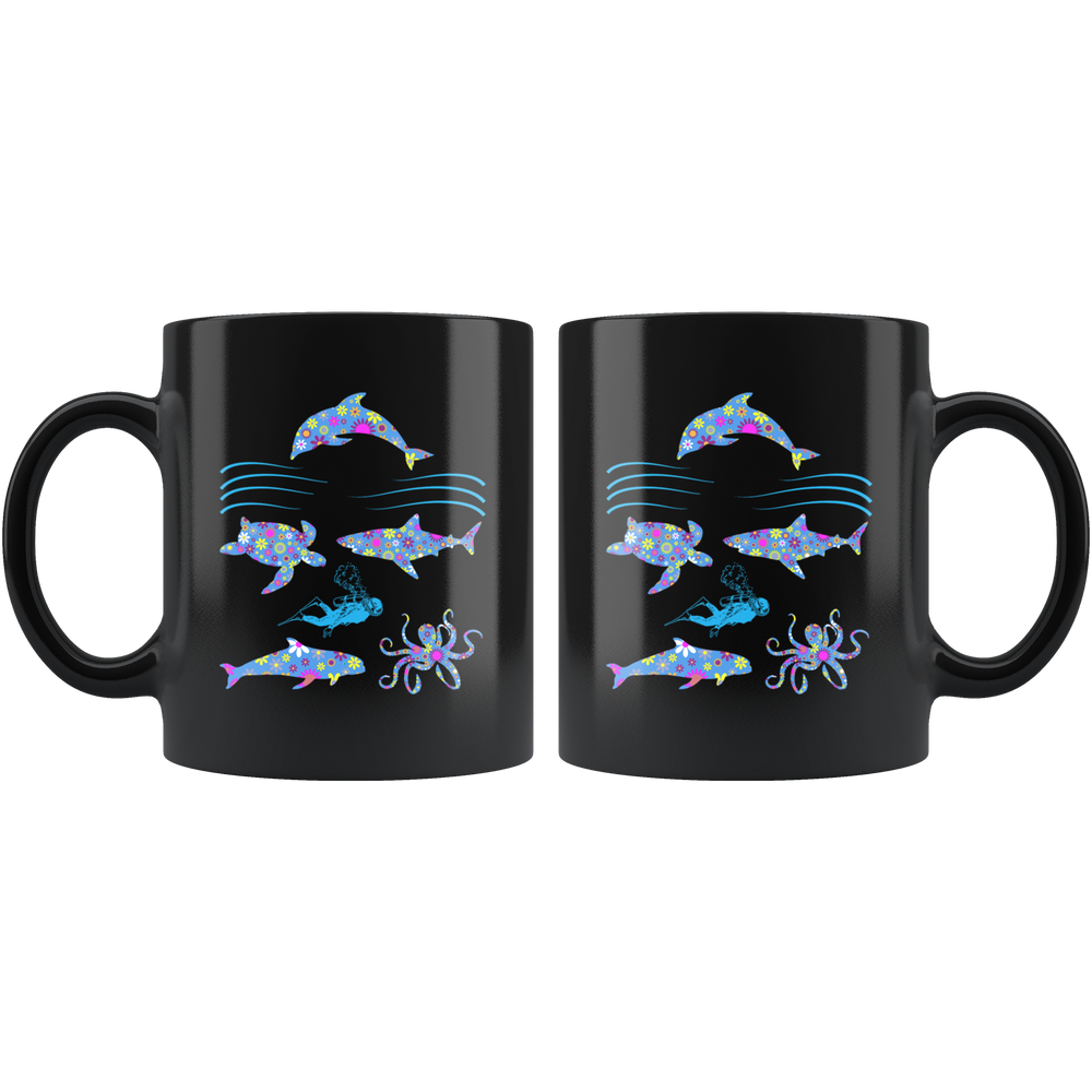 Scuba Diver Floral Mug - Black 11 oz.