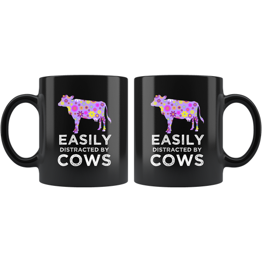 Easily Distracted By Cows Floral Mug - Black 11 oz.