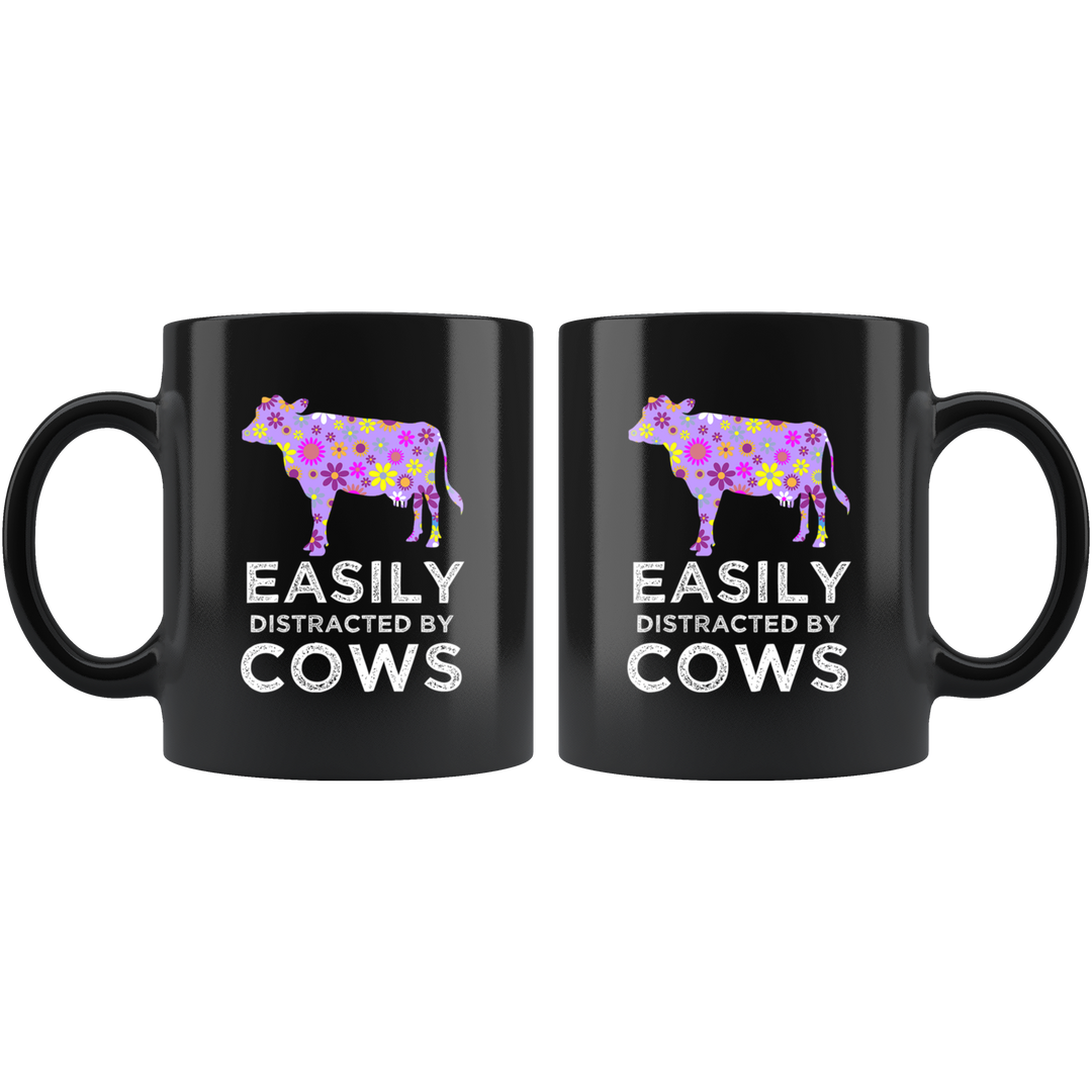 Easily Distracted By Cows Floral Mug - Black 11 oz.